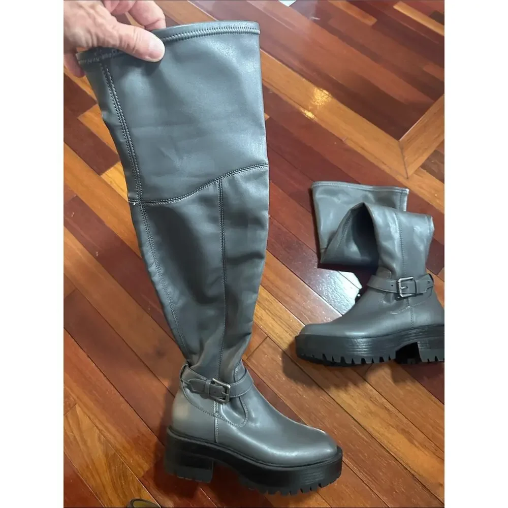 NEW GUESS Over the Knee Grey Boots Lug Sole Size 5 City Chic Frazer Tall Zip